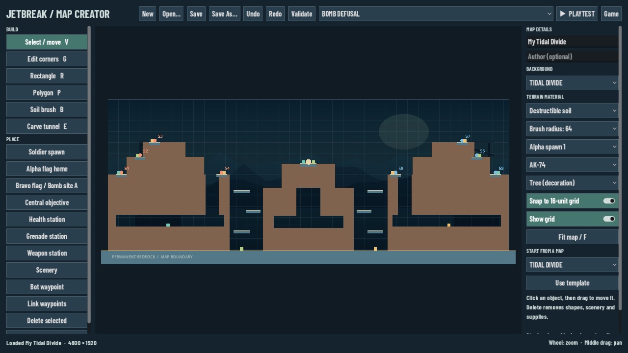 The JETBREAK Map Creator showing soil tunnels, spawn points, protected bedrock, and terrain editing tools.