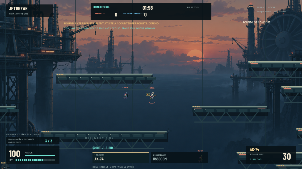 An actual JETBREAK Bomb Defusal match, with armored pilots using jetpacks between platforms in Refinery 07.